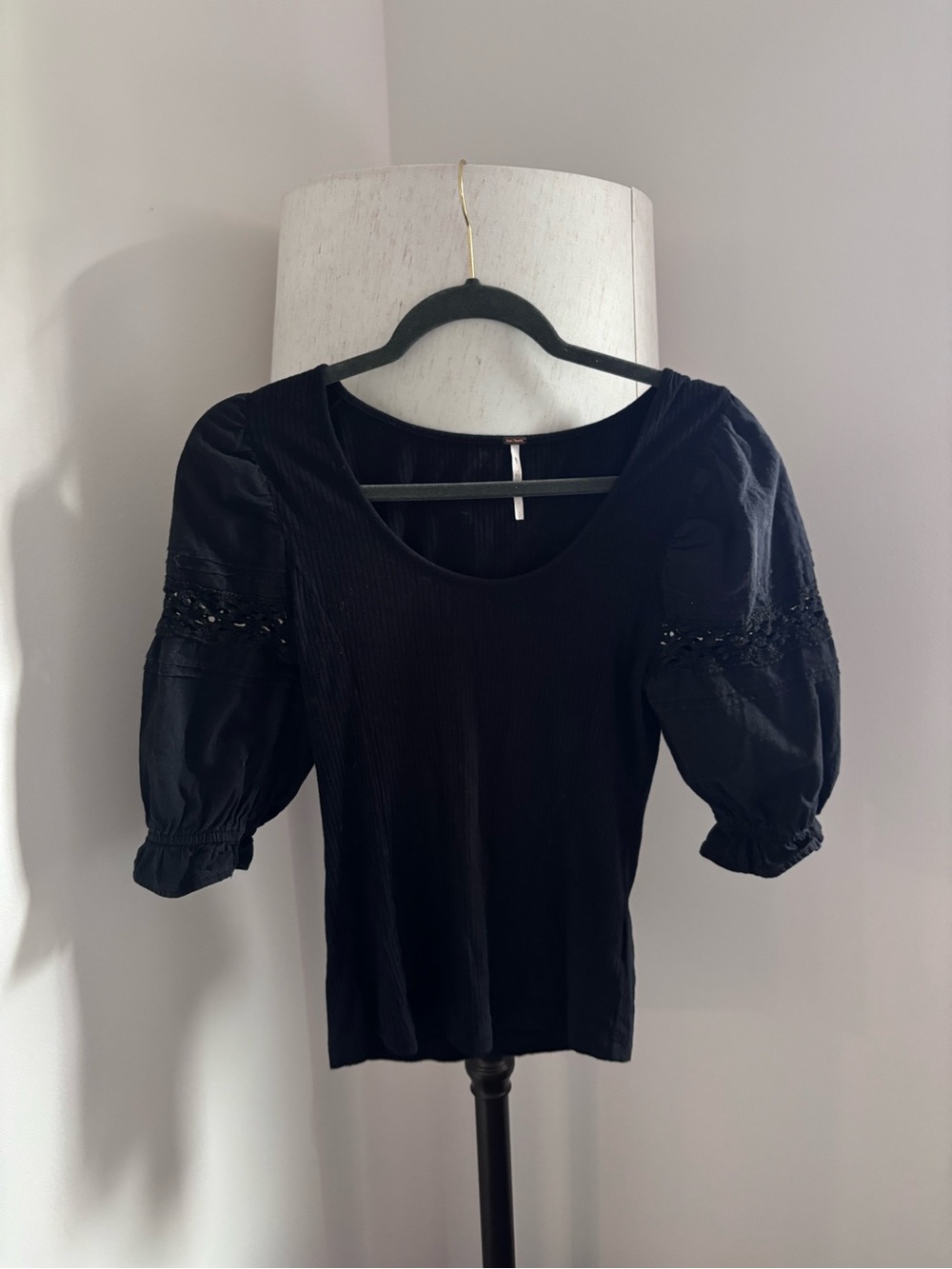 Free People Black Puff Sleeve Scoop Neck Women's Top